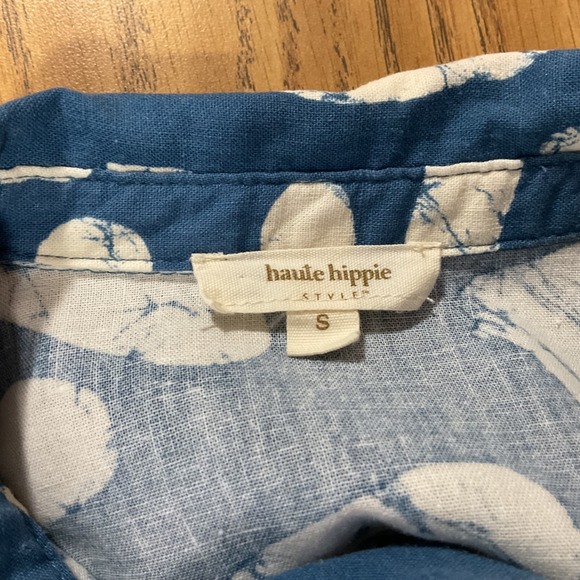 Haute Hippie Blue White Abstract Batik Print Tie Front Linen Rayon Shirt Top S - Picture 5 of 6